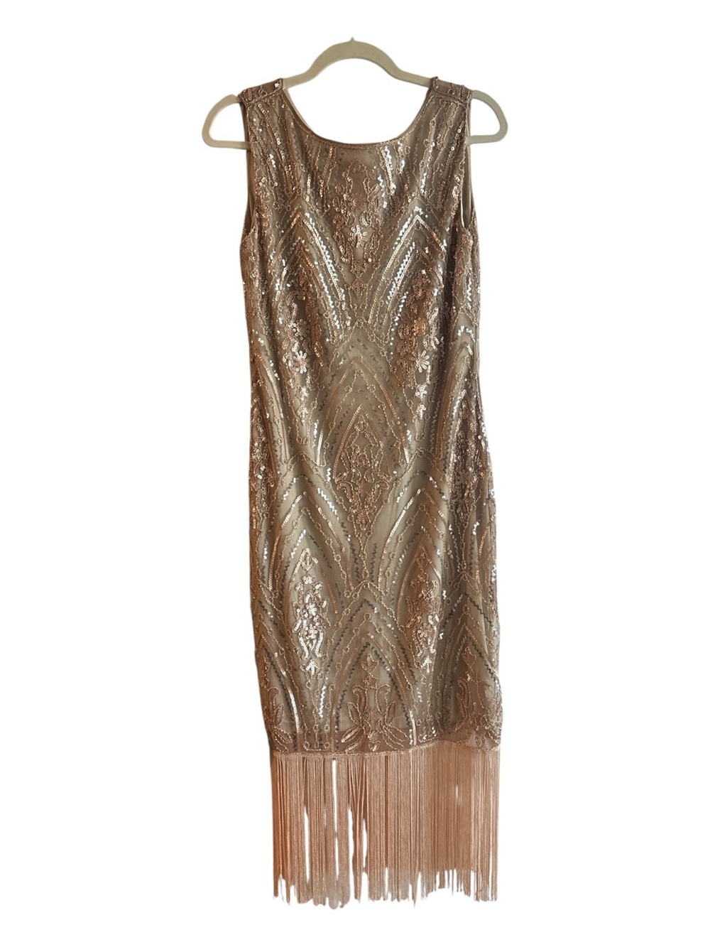 Unique Vintage Gold Sequin Fringe Midi Dress